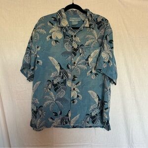 Bermuda Bay Silk Hawaiian Shirt‎ Toucan Floral Print Blue Gray Mens Medium